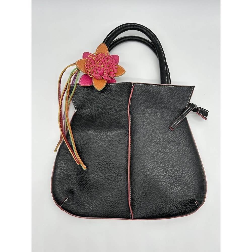 Mellow World Handbag Purse Black Vegan Leather With Flower‎ Accent